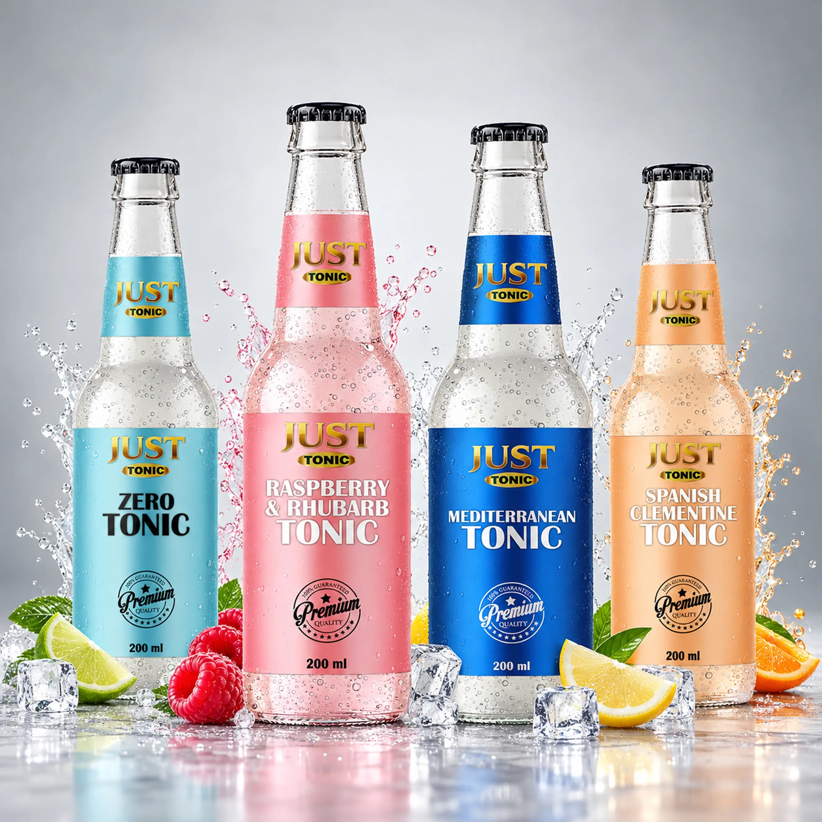 JUST Tonic 200ml glass bottles featuring Zero, Raspberry &amp;amp;amp; Rhubarb, Mediterranean, and Spanish Clementine flavours with ice and fresh fruit.